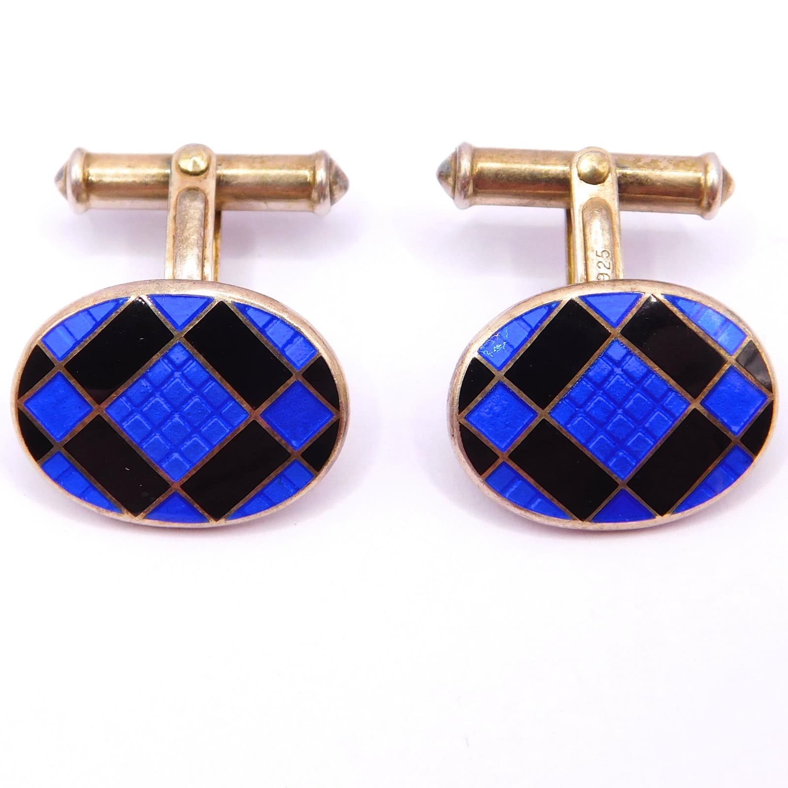 ELEGANT BLUE ENAMEL & STERLING SILVER CHECKERED CUFFLINKS