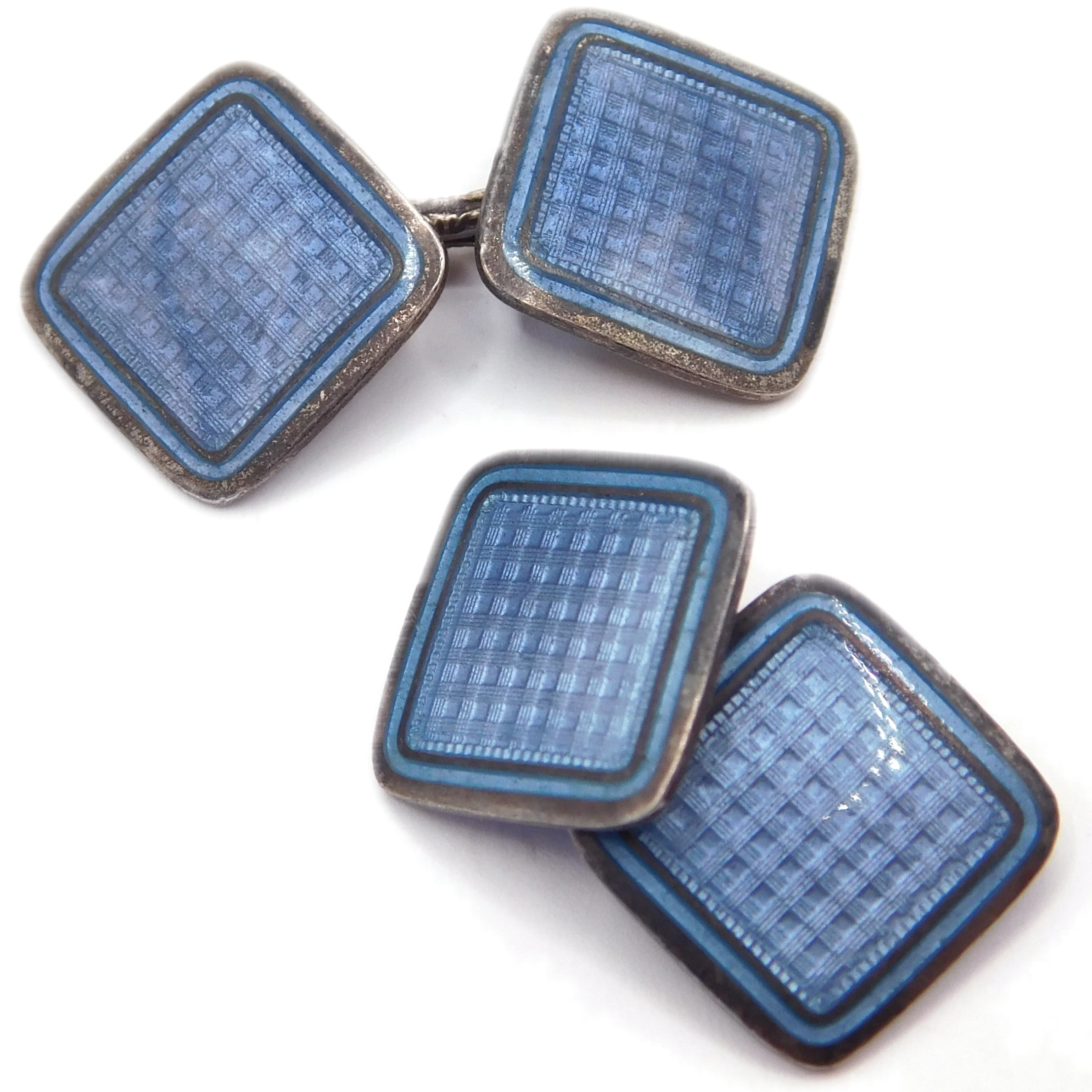 KREMENTZ ART DECO BLUE GUILLOCHE ENAMEL STERLING SILVER CUFFLINKS