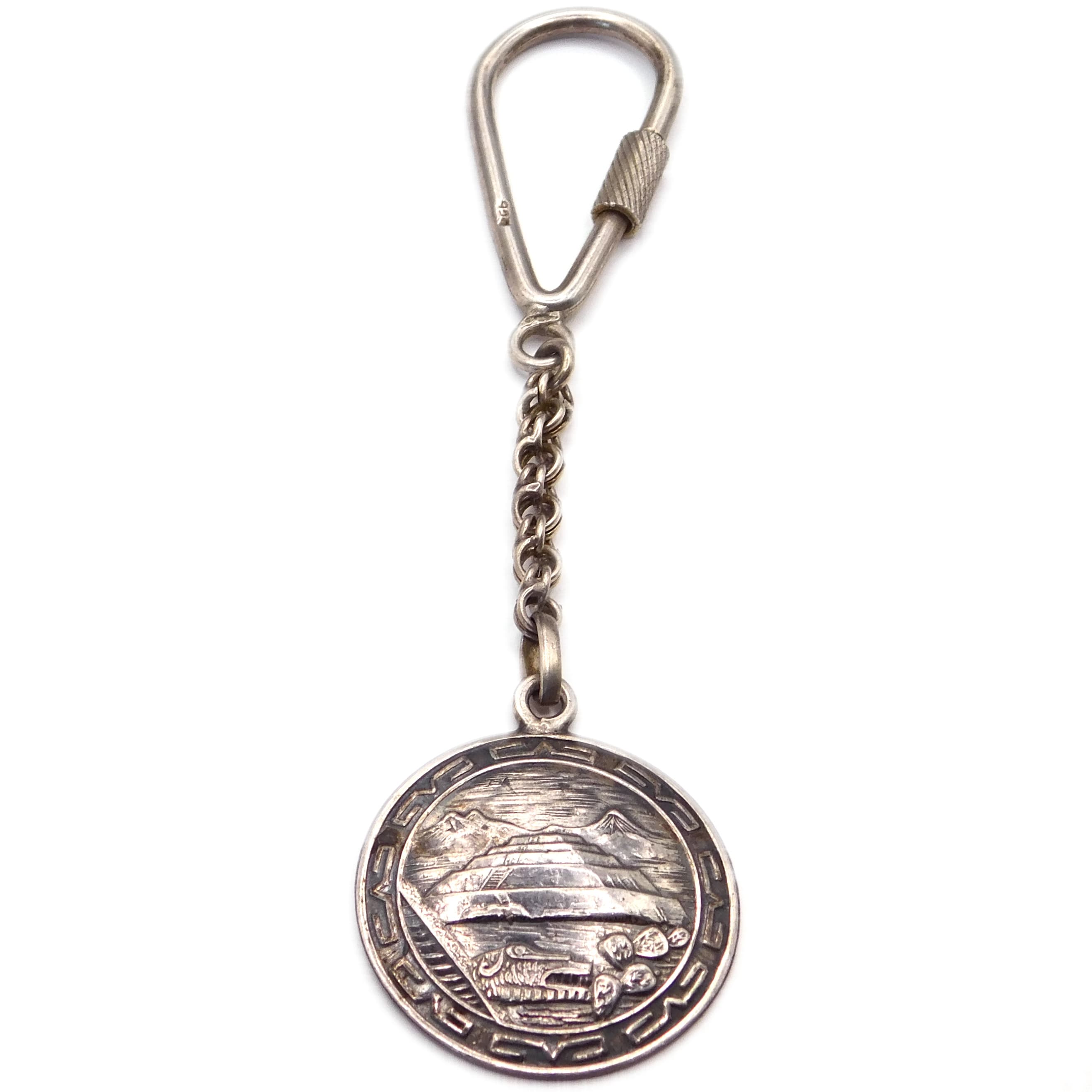 MEXICAN 925 SILVER PYRAMID OF THE SUN KEYCHAIN FOB WITH GRECA BORDER