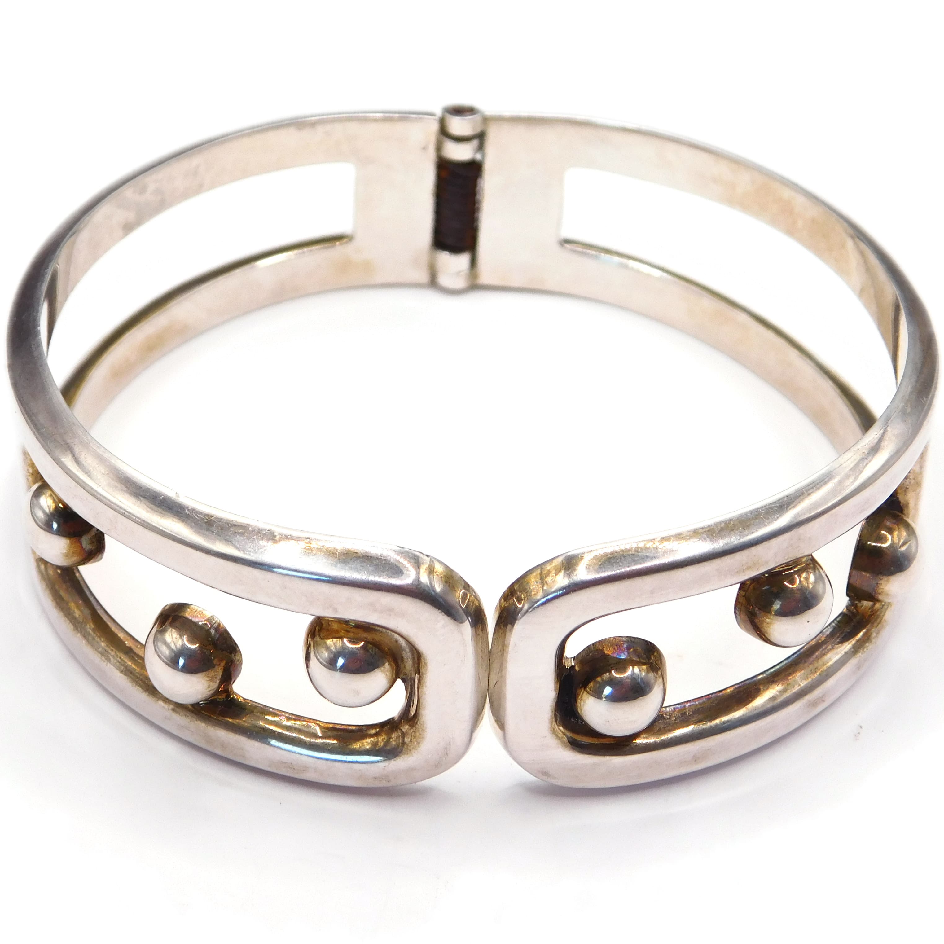BOLD STERLING SILVER HINGED BANGLE WITH BALL ACCENTS MODERNIST STATEMENT BRACELET
