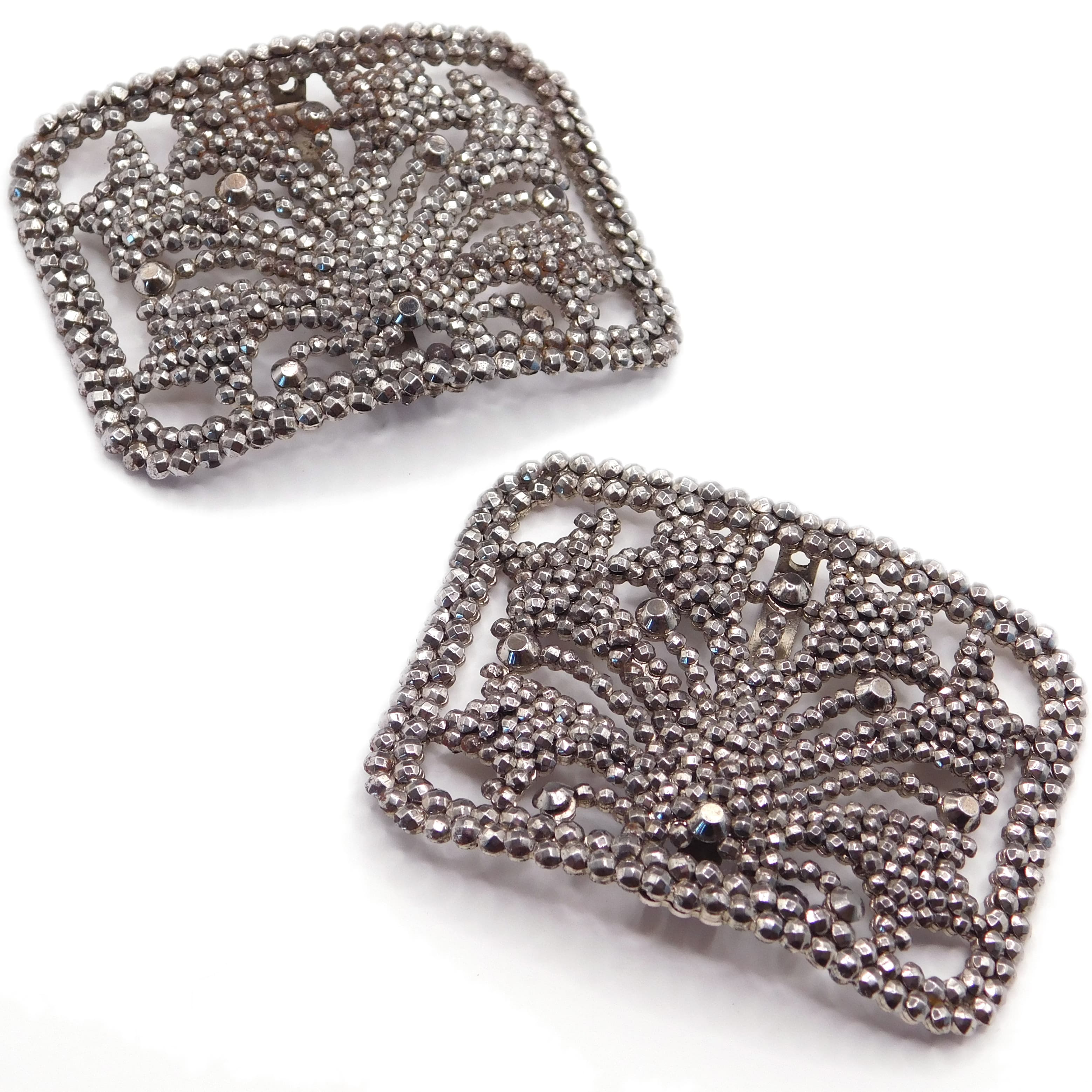 ANTIQUE FRENCH CUT STEEL FACETED BUCKLE, VICTORIAN FAN MOTIF, MARKED FRANCE