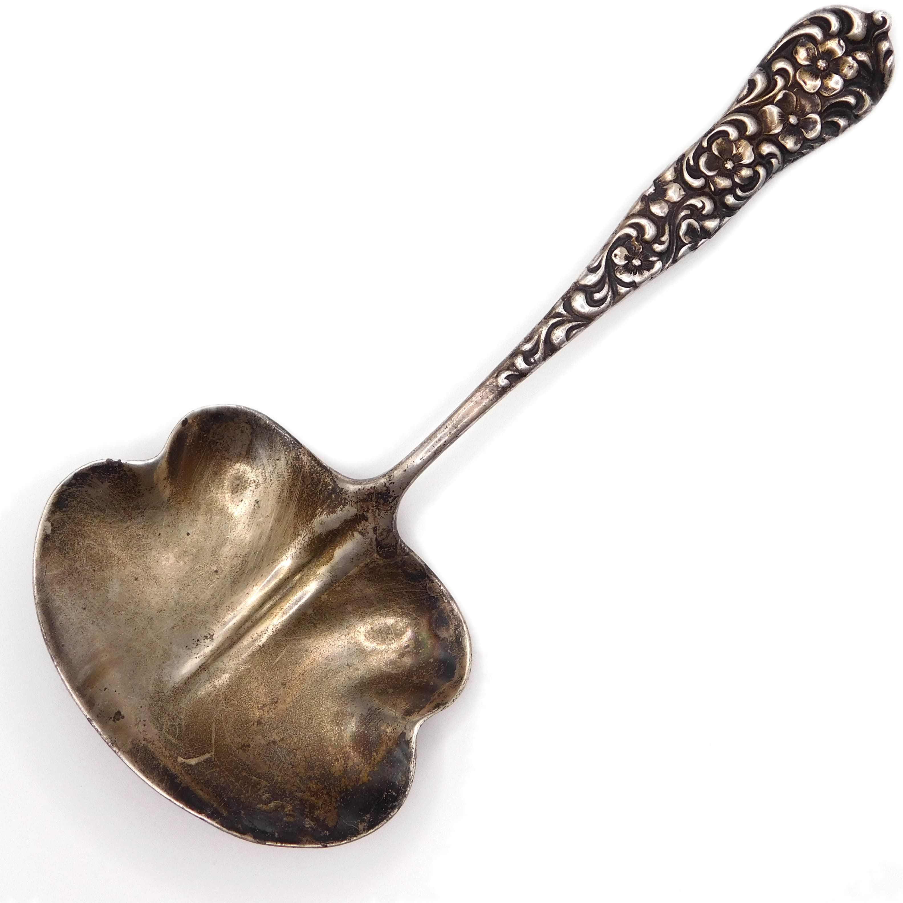 ANTIQUE STERLING SILVER MONOGRAMMED SERVING SPOON BON BON ORNATE FLORAL HANDLE