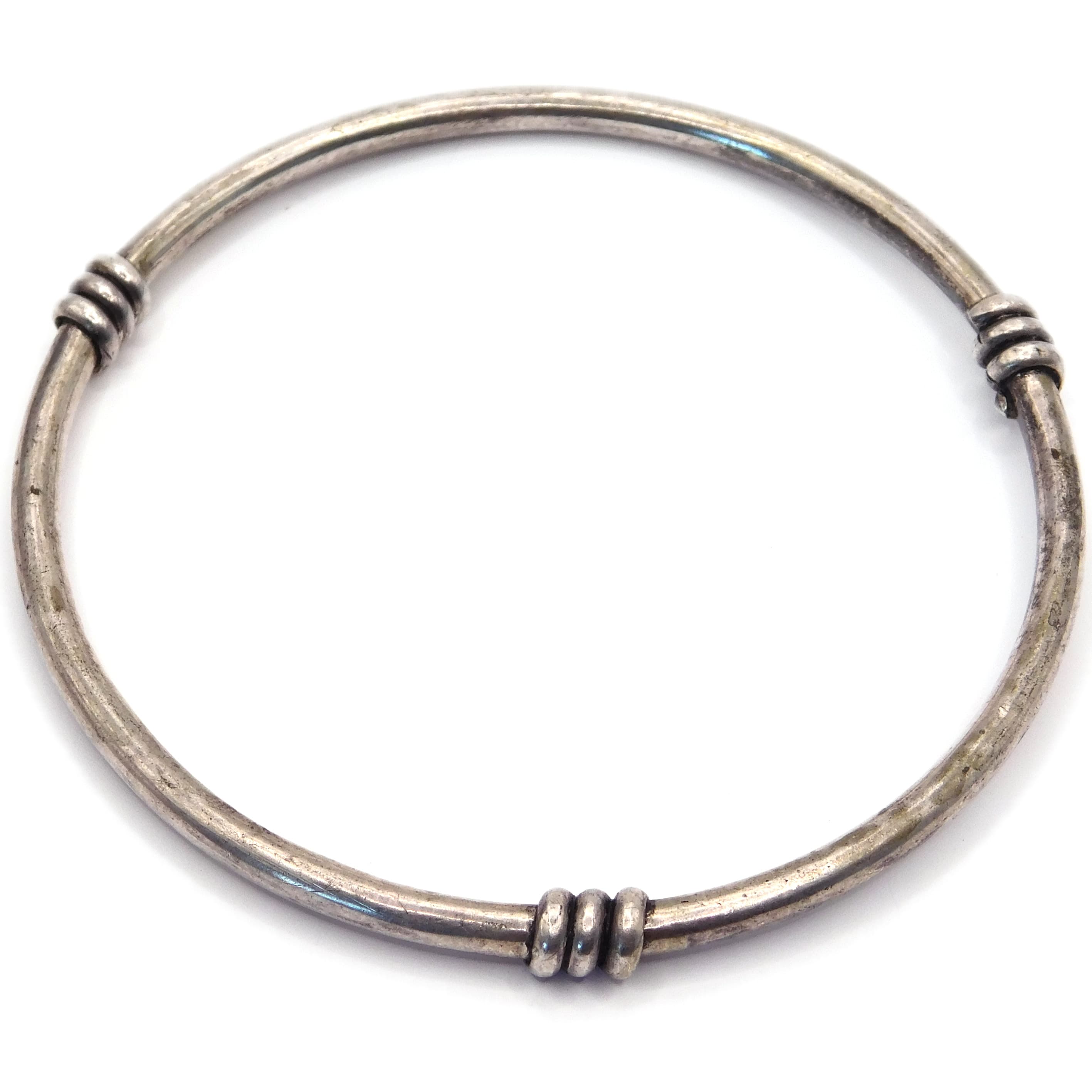 RUSTIC HANDMADE STERLING SILVER WIRE-WRAPPED BANGLE BRACELET