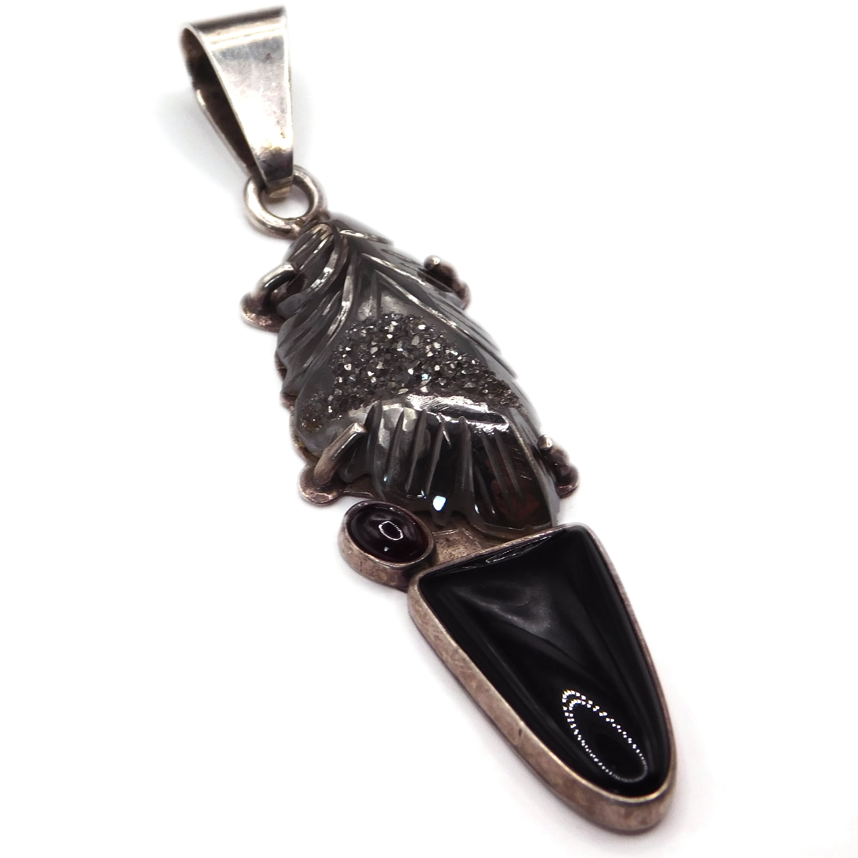 CARVED DRUZY STERLING SILVER PENDANT ONYX GARNET ACCENTS BY OBSIDIAN