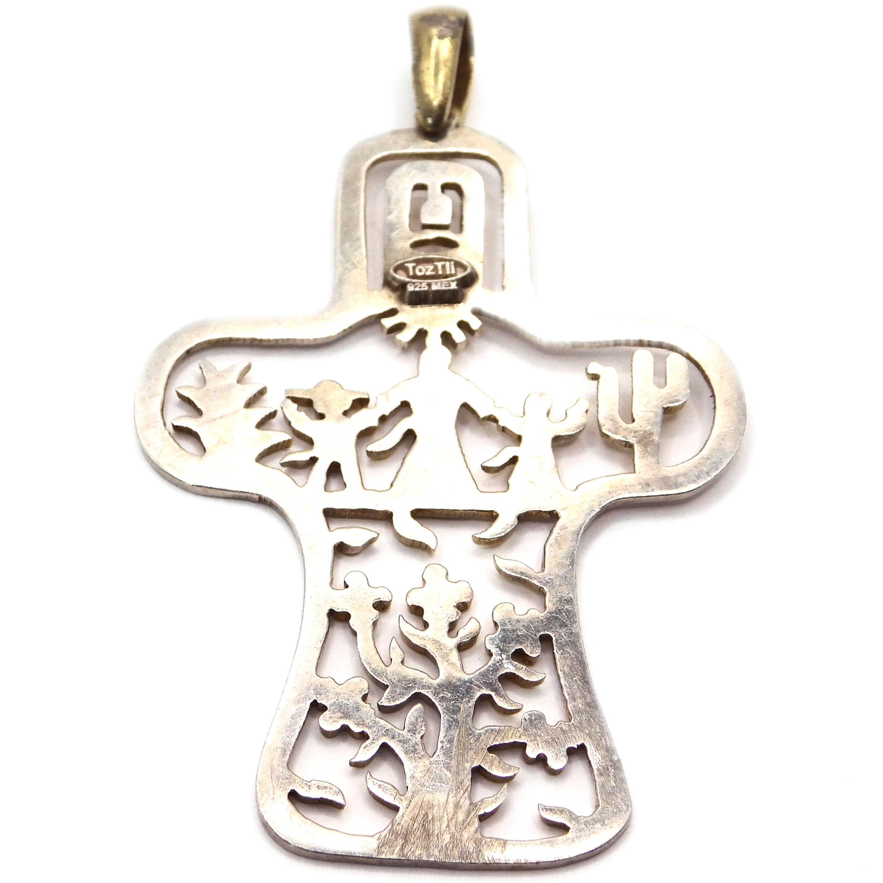 TOZTLI MEXICAN FOLK ART CROSS PENDANT, STERLING & BRASS MIXED METAL