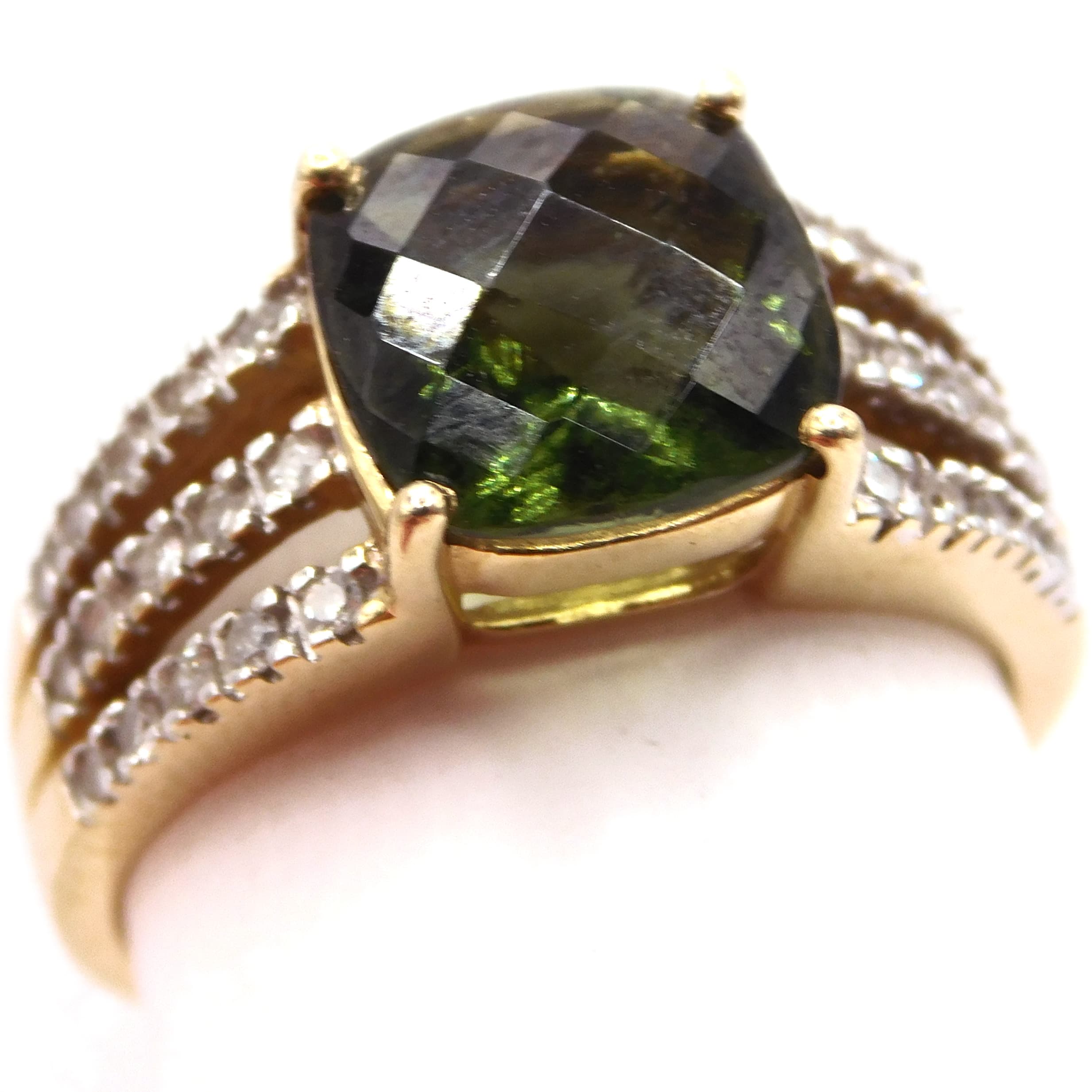 MOSS GREEN MOLDAVITE & DIAMOND COCKTAIL RING IN 14K GOLD